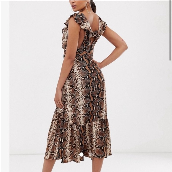 ASOS River Island Dress Snake Print Ruffles Midi Length 8 Apron Open Side - Picture 5 of 5